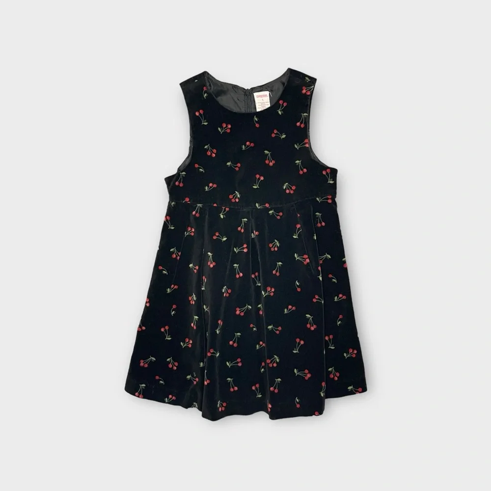 Gymboree Vintage 2002 Cherry Pattern Velour Sleeveless Black Dress